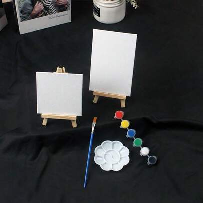 Set mini de 5 en 1 de lienzos estirados de 10cm*10cm, incluye lienzo, paleta, pinceles, caballete, 6 colores de pintura, lienzo de arte imprimado, apto para pintura, vertido acrílico, pintura al óleo y medios húmedos, decoración de mini casa DIY, regalo de cumpleaños, Día de la Madre, Pascua, graduación