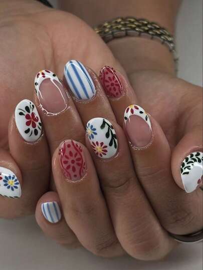24 Pieces Oval-Shaped Pressing Nails, Summer French Stripes, Red And Green Floral Pattern Design. Perfect For Spring And Summer Seasons. Artistic Nail Accessories, Nail Decoration. Fully Covered Detachable Fake Nails. Suitable For Women's Dates, Parties, Work, Outings, Daily Use, Etc.!