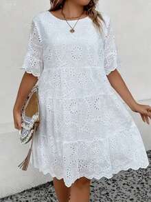 Plus Size Women Solid Color Embroidered Vacation Dress Elegant White Summer - White - View 1