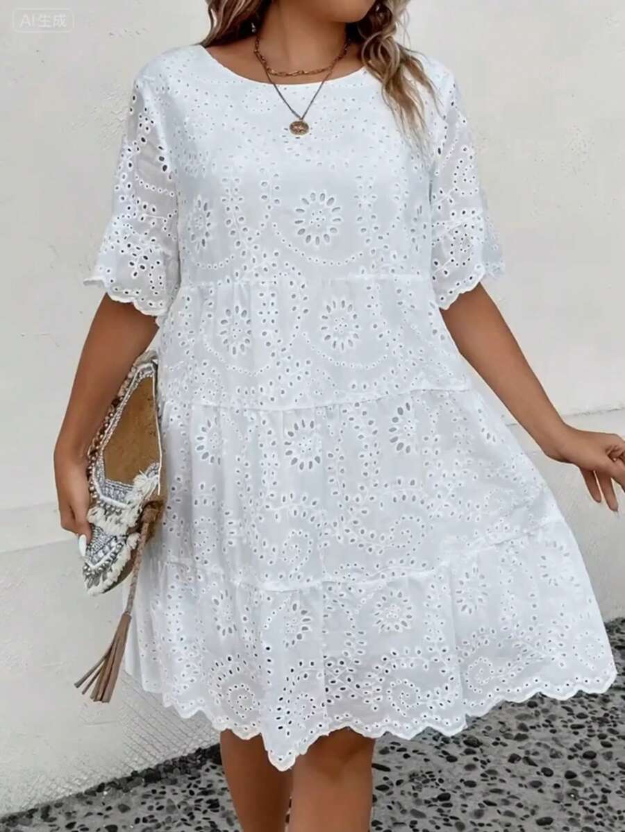 Plus Size Women Solid Color Embroidered Vacation Dress Elegant White Summer - White - View 1