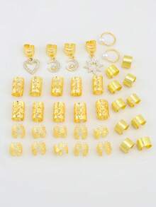 36pcs Gold Hollow Hair Rings, Rhinestone Alloy Pendant, Easter Limited Edition Gold Hair Accessories Set - Gold - View 3