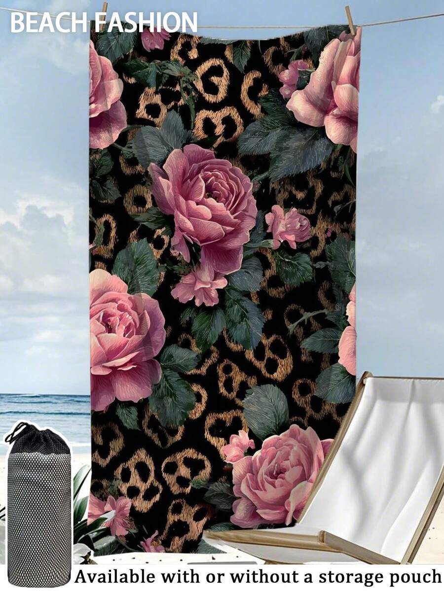 250克超柔软速干超细纤维沙滩巾 | 尺寸：70*140厘米/90*180厘米 | 艺术豹纹和花卉印花 | 高吸水性便携式游泳浴巾，浴室装饰，适合夏季沙滩、游泳、旅行、露营和健身 - 彩色 - 查看 1