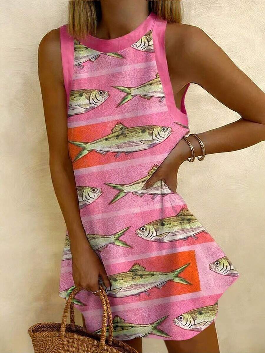 2026 Spring/Summer Women's Sleeveless Fish Print Pink Dopamine-Inspired Casual Vacation Beach Dress, Loose A-Line Mini Skirt
