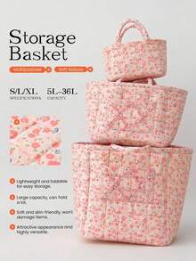 1Pc Floral Print Quilted Storage Basket Laundry Basket Large Capacity Portable Storage Bag Foldable Snack Basket With Handle For Women And Girls Cosmetic Storage Basket Toy Storage Basket Skincare Storage Basket Women Makeup Storage Multifunctional Storage Basket Cosmetic Organizer Home Decor Livingroom Bedroom Decor Bathroom Decor Closet Organization And Storage Clothes Organizer Home Deco School Dormitory Back To School Essentials - Pink - View 4