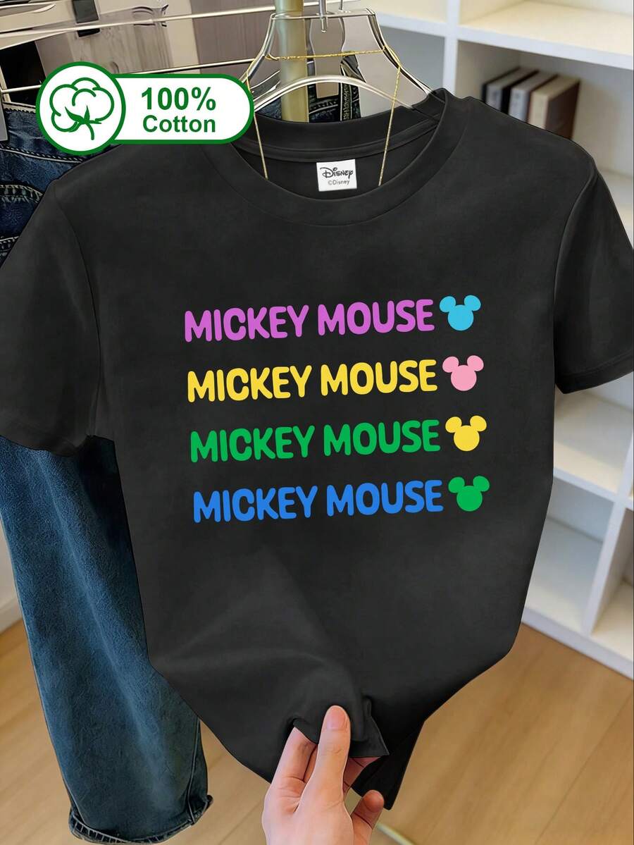 Disney Women's Casual Everyday 100% Cotton Short-Sleeve T-Shirt, With Rainbow 'MICKEY MOUSE' Letters And Mickey Head Prints In Purple, Yellow, Green, And Blue. Suitable For Daily Outings, Campus Wear, Casual Gatherings, And Parent-Child Activities. Summer Clothing, Mickey Pattern Printed T-Shirt. - Black - View 1