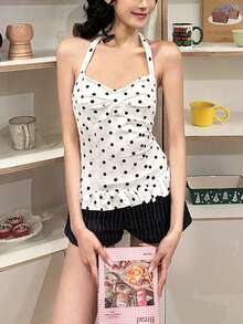Women's Sequin Camisole Backless Polka Dot Cropped Tank Top, Sleeveless Knit Tie-Up, Summer Fashion Resort Style - White - View 2