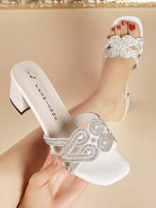 Teenagers' Sparkling Rhinestone White High Heel Sandals, Open Toe Chunky Heel Mules, Suitable For Graduation Prom, Vacation, Social Occasions - White - View 1