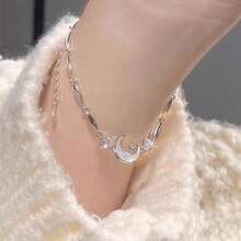 1pc Star & Moon Zirconia Bracelet, Unique Design Elegant Minimalist Bracelet, Delicate Star & Moon Pendant Bracelet, Suitable For Friends, Couples, Daily Wear, Dates, Flattering And Slimming - Silver - View 6