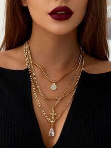 4pcs/Set New Fashion Versatile Zirconia Cross Necklace, Multi-Layer Necklace Suitable For Daily Wear, Party, Holiday Gift - Necklace Set - View 8