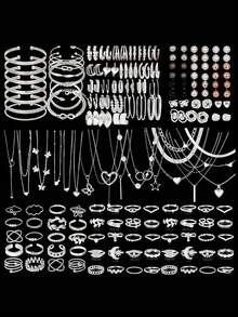 35/47/50/71/87件套 时尚简约优雅波西米亚风首饰套装，包含耳环、项链、戒指、手链，饰有心形、扭纹、蝴蝶、几何元素、波浪纹等图案，百搭日常佩戴配饰，款式随机。 - 銀色 - 查看 4