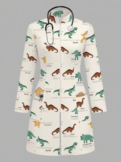 cimmuovere Women's New Printed Animal Pattern Zipper Front Stand Collar Long Sleeve Long Pocket Scrubs Jacket, Nurse Scrubs Workwear, Dentist Healthcare, Pet Hospital, Laboratory, Preschool Teacher Uniform