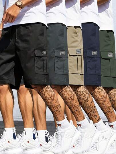 男士休闲多口袋工装短裤，宽松修身街头风，可调节抽绳腰带，适合日常穿着、健身、跑步、户外活动