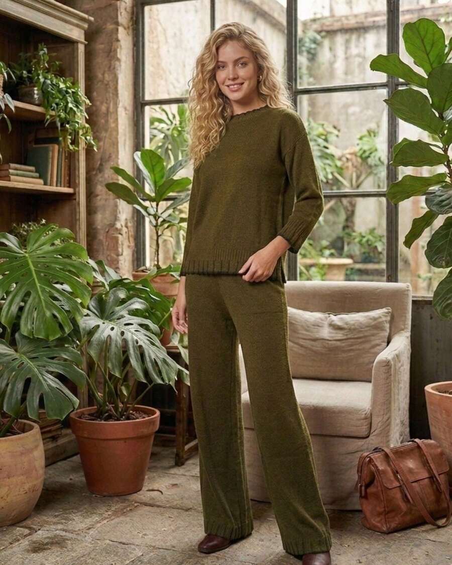 ELIANE MALHAS TRICOT/CROCHET Women's Modal Knit Set 3/4 Sleeve Blouse And Wide Leg Pants Comfortable Elegant For Everyday Or Party - 軍綠色 - 查看 1