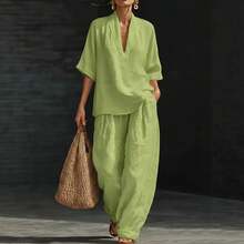 2026 Spring And Summer European And American Women's Clothing Loose Solid Color Imitation Hemp Casual Wide-Leg Pants Set Comfortable Two-Piece Set - 淺藍色 - 查看 2