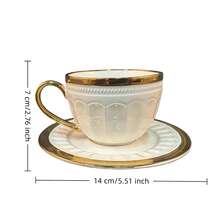 6pcs Luxury Arabian Nights Coffee Cup & Saucer Set, White Ceramic With Hand-Applied Gold Trim & Embossed Pattern, Elegant Tableware For Ramadan Kareem Iftar, Eid Celebrations & Traditional Oahwa Serving, Saucer Dia 14cm/5.51inch - Multicolor - View 9