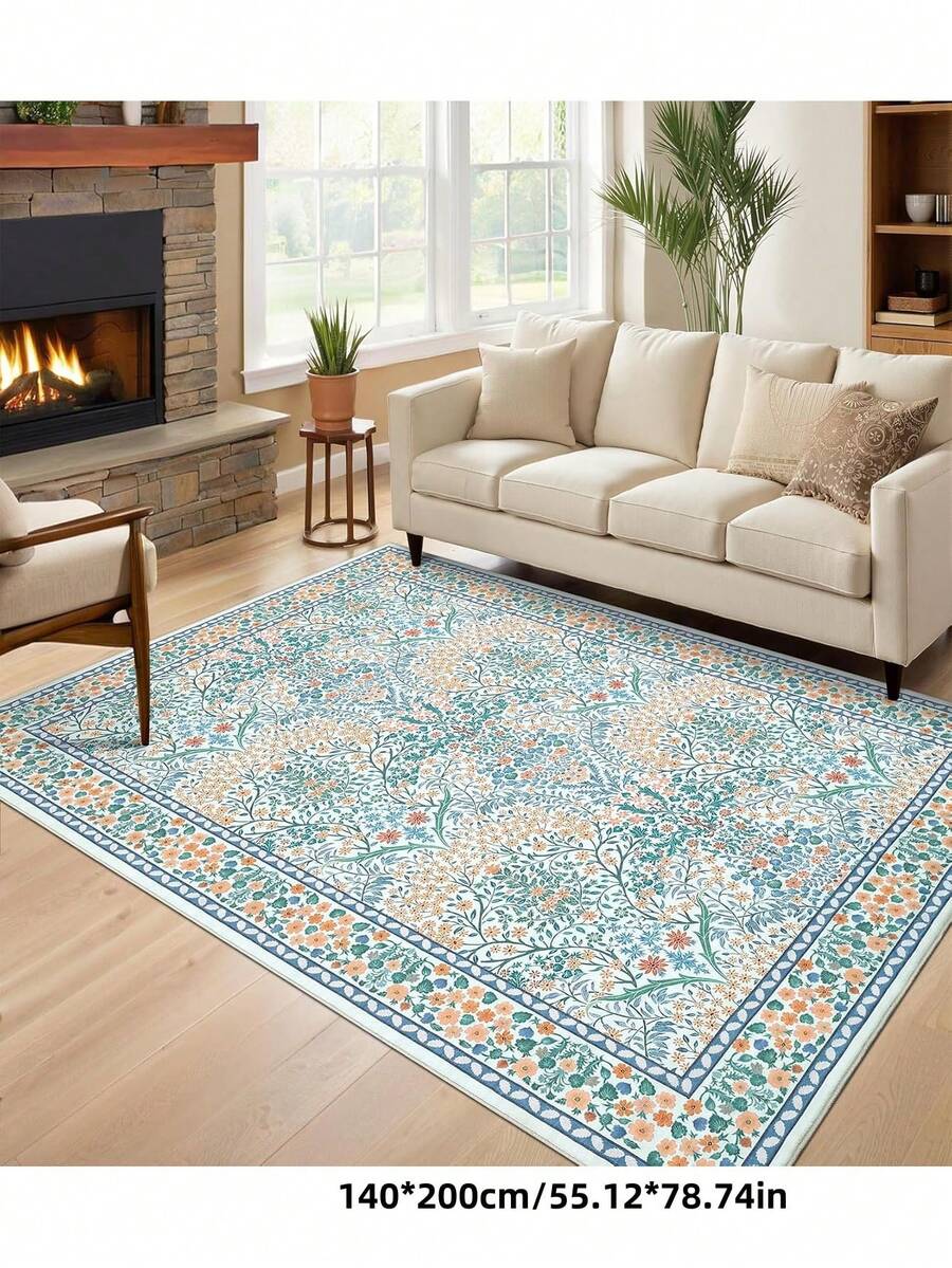 1pc Bohemian Style Paris Garden Printed Carpet, Suitable For Living Room, Bedroom, Dining Room, Dorm, Office And Other Home Decor, Non-Slip Vintage Farmhouse Style Rug - Blue - View 1