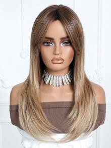 24英寸长直发渐变棕色至金色假发，带刘海，自然层次感长直发，耐热，适合日常佩戴和派对。 - 漸層棕色 - 查看 4