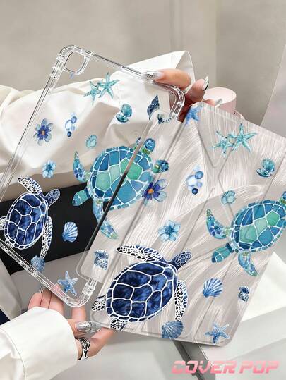 1pc Turtle & Starfish Pattern Tablet Protective Case, Suitable For Air 11" M3 2025/M2 2024, Air 5th Gen 2022, (A16) 11" 11th Gen 2025, Galaxy Tab, Kindle Paperwhite 12th Gen 2024, Transparent Backplate, Fashionable Pattern, Auto Sleep/Wake, Airbag Protection, Suitable For Gifts And Office Use