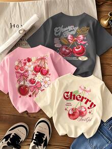 Bộ 3 áo thun ngắn tay cổ tròn in họa tiết dành cho bé gái tuổi teen, kiểu dáng thường ngày, thích hợp mặc mùa hè. - Nhiều màu - Xem 1