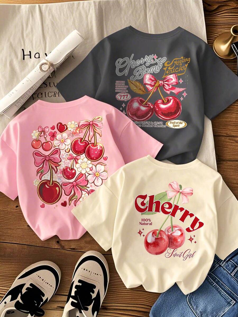 Bộ 3 áo thun ngắn tay cổ tròn in họa tiết dành cho bé gái tuổi teen, kiểu dáng thường ngày, thích hợp mặc mùa hè. - Nhiều màu - Xem 1