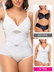 Women's Mesh Cross-Over Shapewear Bodysuit, V-Neck One-Piece Body Suit With Adjustable Straps, Tummy Control, Slimming Waist Trainer, Abdomen Compression, Snatched Fit Body Shaper - 白色 - 查看 4