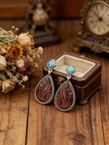 Pendientes de botón con flor de resina rojo-marrón estilo bohemio, pendientes de gota de turquesa verde en capas - Multicolor - Ver 7