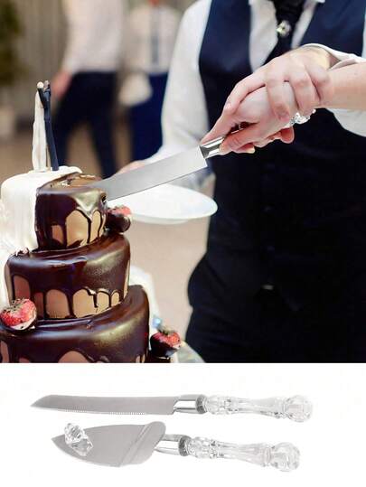 Set de 2 piezas de cuchillo y tenedor de acero inoxidable para cortar pastel de boda, con mango de cristal sintético, adecuado para bodas, fiestas de cumpleaños y aniversarios