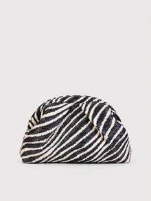 Retro Straw Zebra Pattern Clutch Bag, Minimalist Style Evening Handbag, Suitable For Summer Use - Black and White - View 1
