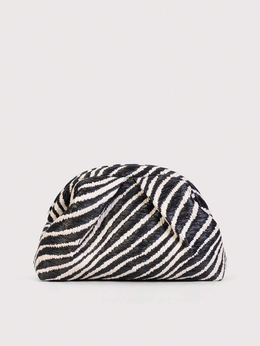 Retro Straw Zebra Pattern Clutch Bag, Minimalist Style Evening Handbag, Suitable For Summer Use - Black and White - View 1