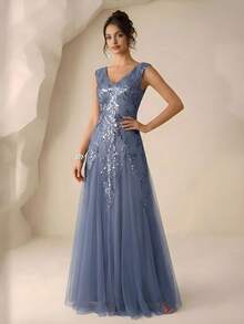 Đầm dạ hội thanh lịch EVERPRETTY dành cho nữ, đầm dạ hội sang trọng, đầm đính sequin màu xám xanh, đầm dự tiệc cocktail, đầm dự đám cưới, đầm cổ chữ V xòe cho cô dâu và mẹ cô dâu, đầm dự tiệc bán trang trọng mùa xuân - Màu xanh bụi bặm - Xem 3