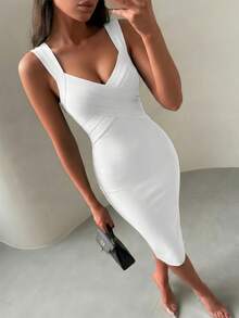 Summer Fashionable Sexy Elegant V-Neck Bodycon Slip Dress, Ribbed Knee-Length Bandage Dress, White, Suitable For Night Out, Formal Dinner, Cocktail Party, Women Dress Wedding Spring - White - View 10