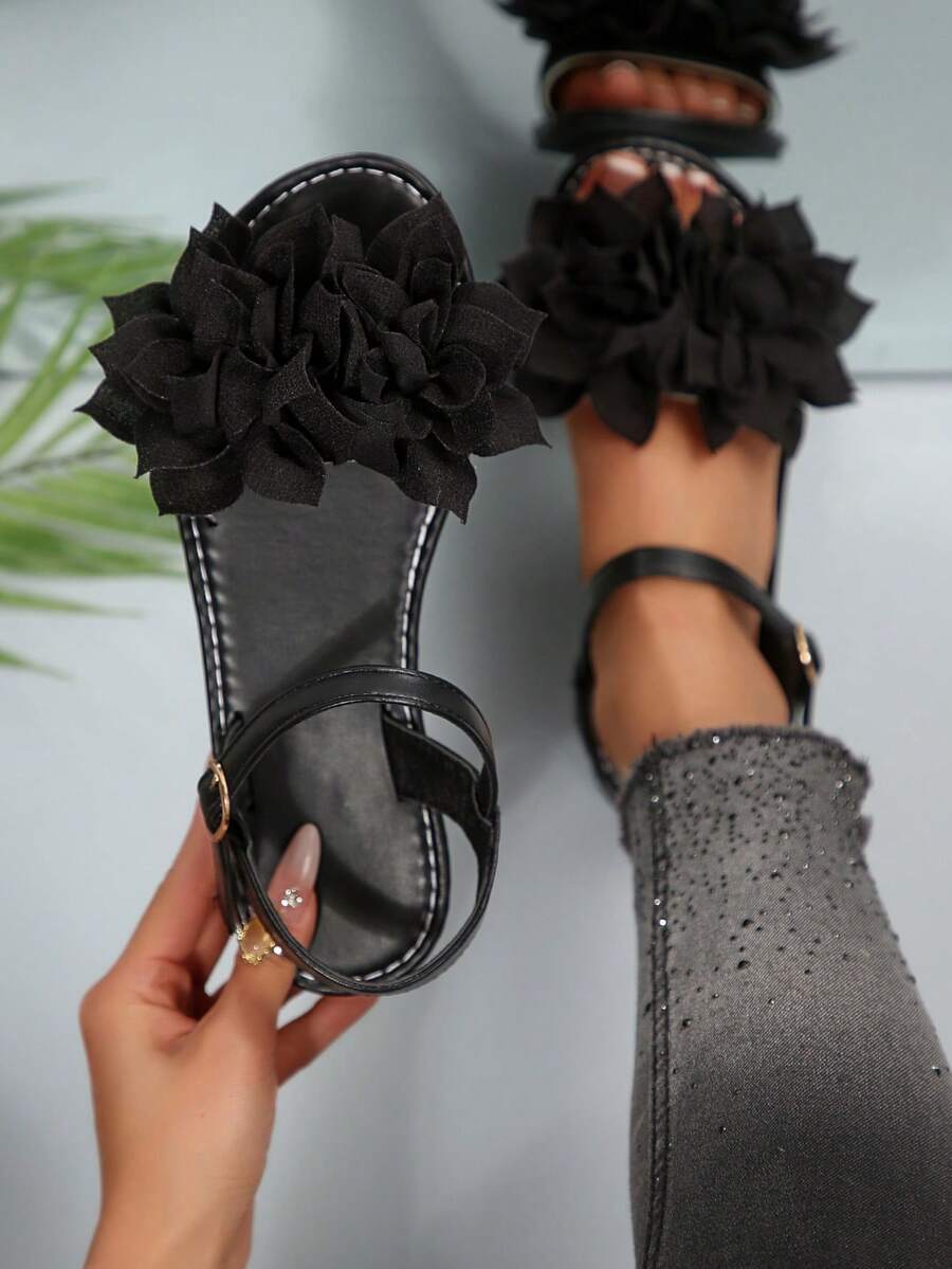 Giày sandal đế bằng quai ngang họa tiết hoa 3D kiểu dáng mùa hè dành cho nữ sinh, sandal quai ngang hở ngón có khóa cài màu trắng, kiểu dáng thường ngày. - màu đen - Xem 1