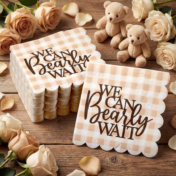 20pcs/40pcs/60pcs,Neutral Beige Plaid Paper Napkins, 2-Ply, Cute Bear Pattern, Wavy Edge, Brown Cocktail Napkins, Plaid Design, Neutral Gender Reveal Decoration