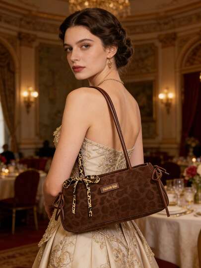 复古棕色豹纹女士单肩包 - 复古仿皮手提包，配豹纹蝴蝶结，时尚腋下包，多功能单肩包，大容量腋下包，时尚长方形包，耐用且空间宽敞，适合放置手机、钱包，适合工作、约会、日常出行，也适合复活节、母亲节、独立日、婚礼季、毕业季等场合。