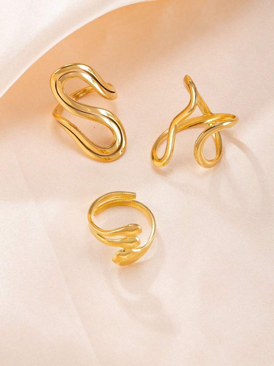 3件套时尚创意夸张不锈钢几何交错线条戒指套装，适合女性日常、节日、约会、订婚、婚礼、外出、派对等场合搭配。 - 金色 - 查看 1