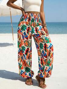 Women's Tropical Leaf Print Beach Pants Smocked Waist Ankle Cuffed Vacation Casual Wide Leg Lounge Trousers(YY1202) Spring - Multicolor - View 9