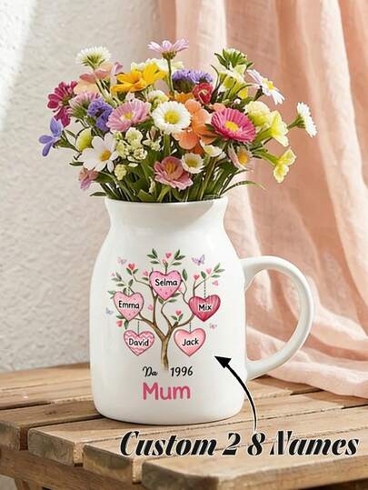 1pc Customized Floral Vase For Mom, Birthday Vase, Mother's Day Gift, Grandchild's Gift, Ceramic Planter, Gift For Her