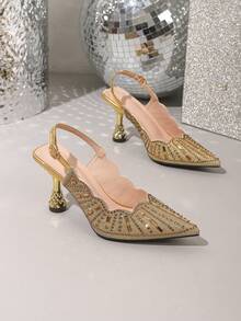 Fashionable Celebrity-Style Banquet Versatile High Heels, New Summer Rhinestone Pointed Toe Ankle Strap Crystal Women Sandals - Gold - View 7