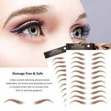 6张4D棕色毛发状防水眉毛纹身贴纸，可撕除，临时眉形修饰贴纸，拱形款式，共66对 - 棕色 - 查看 3