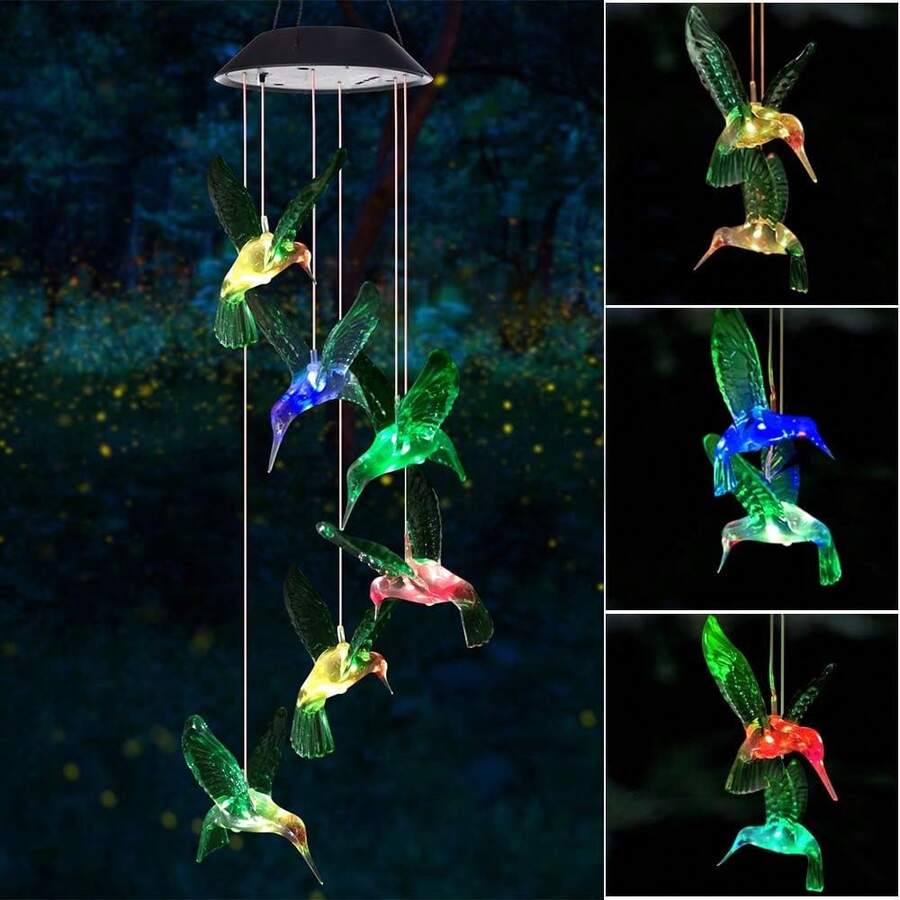 Solar Hummingbird Wind Chimes, Outdoor Memorial Gifts For Mom Grandma, Birthday Patio Decor For Women, Garden Yard Art Ornaments - Chim ruồi xanh (1 con) - Xem 1