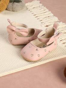 1 par de zapatos planos de niña con diseño de lazo, corazón y flor, de punta redonda, versátiles para primavera y otoño - Rosa - Ver 4
