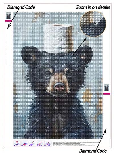 |5D DIY Diamond Painting|Playful Black Bear Cub With Toilet Paper Hat Diamond Art Set, Humorous Bathroom Wall Decor. Relaxing Diamond Painting, Diamond Painting For Adults, Make Your Own Wall Art DIY, Enjoy The Fun Of Hands-On, The Best Gift For Friends