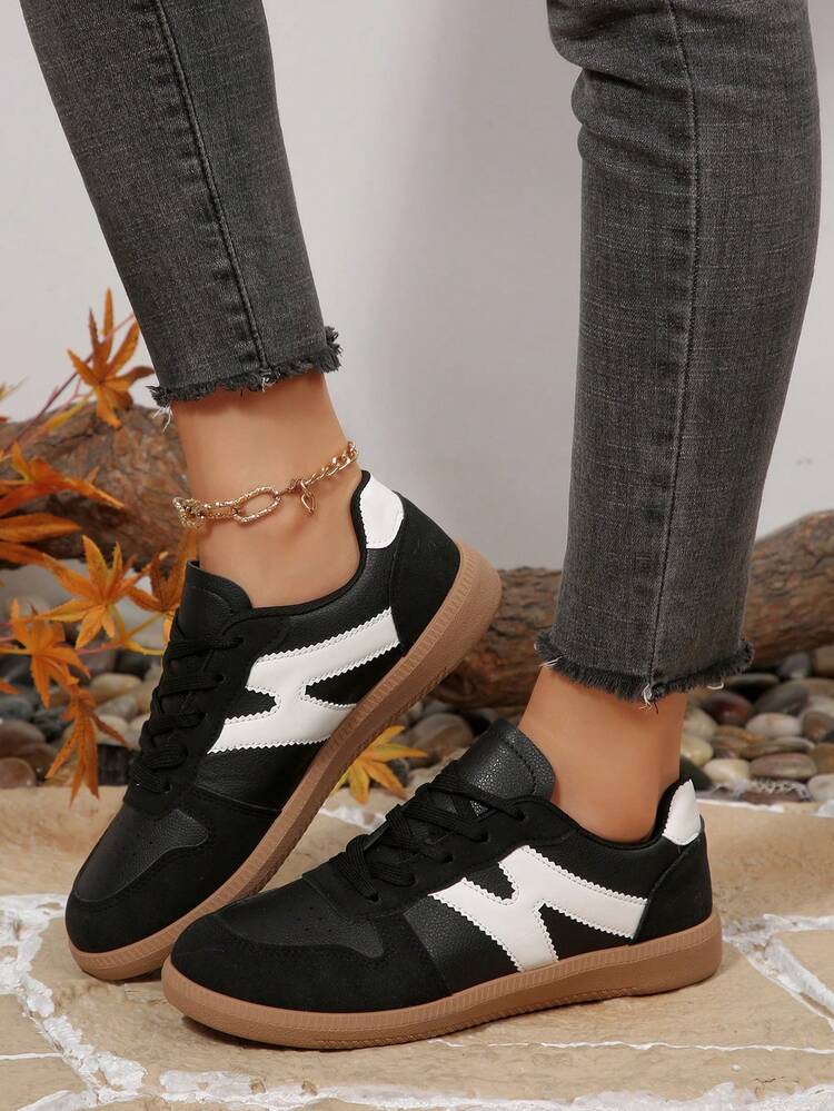 Chaussures de mode multifonctionnelles pour femmes, chaussures de sport décontractées à lacets, bout rond, semelle en caoutchouc antidérapante, coloris noir et beige, pour un port quotidien, style décontracté, tailles 36-42 - Noir - Voir 3