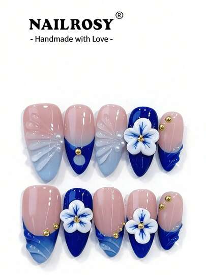 10 uñas de almendra hechas a mano con diseño de flor 3D burdeos, elegante arte de uñas de gel 3D, decoración de uñas con flores adecuada para vacaciones, viajes y cumpleaños