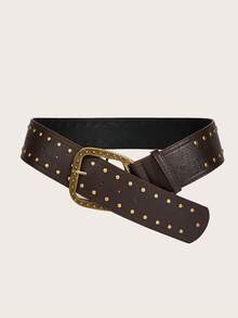 1 pieza Cinturón clásico de mujer con hebilla retro, remaches y PU, de moda para el trabajo, las vacaciones, adecuado para vestidos y pantalones - Café - Ver 1