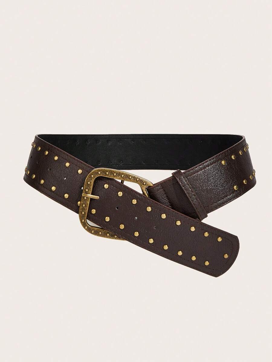 1 pieza Cinturón clásico de mujer con hebilla retro, remaches y PU, de moda para el trabajo, las vacaciones, adecuado para vestidos y pantalones - Café - Ver 1