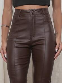 Imported PU Skinny, Flannel-Lined, Resin-Coated Pants With A Stripe. - màu nâu - Xem 2