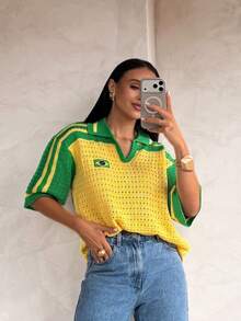 Women's Brazilian Openwork Knit Shirt With Retro Style Polo Neck - 黃綠色 - 查看 4