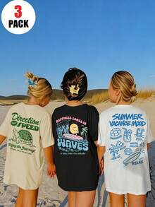 3pcs/Set Tween Girls Students Casual Printed Round Neck Short Sleeve T-Shirts, Summer Tops - Multicolor - View 1