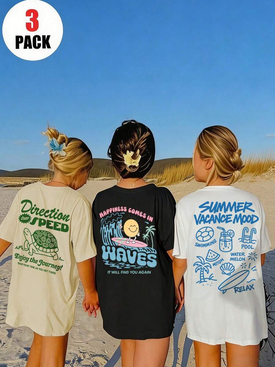 3pcs/Set Tween Girls Students Casual Printed Round Neck Short Sleeve T-Shirts, Summer Tops - Multicolor - View 1